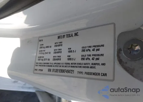 2019 Tesla Model 3 Long Range/Performance from USA, damaged, VIN 5YJ3E1EB0KF494721